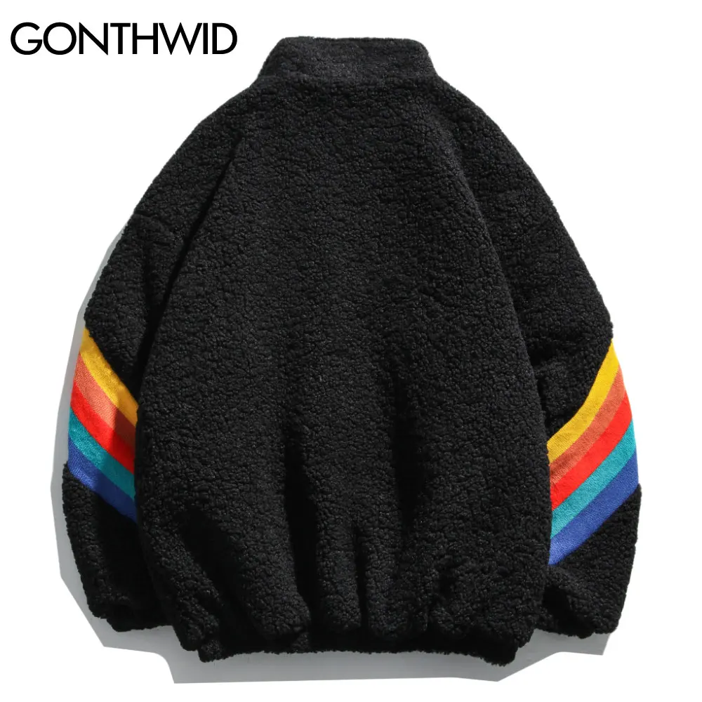 GONTHWID Fleece Parka Jackets Rainbow Color Block Patchwork Zipper Cotton Padded Coats Winter Thick Warm Hip Hop Harajuku Tops