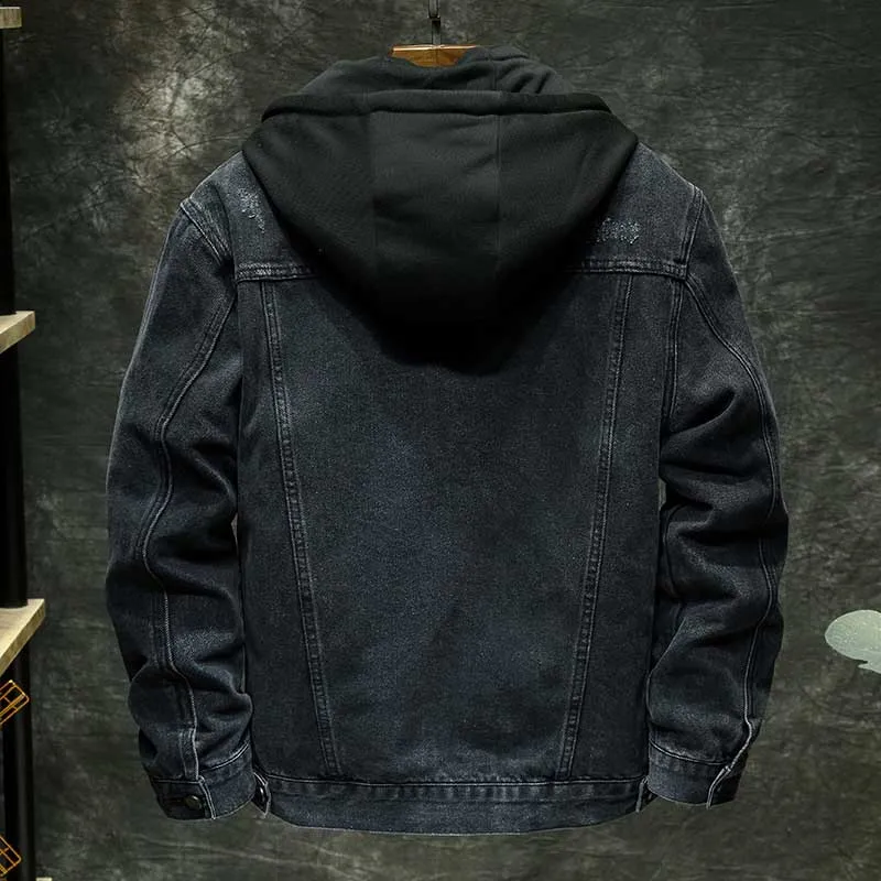 Mcikkny Men Wool Liner Winter Denim Jackets Black Loose Casual Thermal Jeans Coats For Male Windbreak Detachable Hat