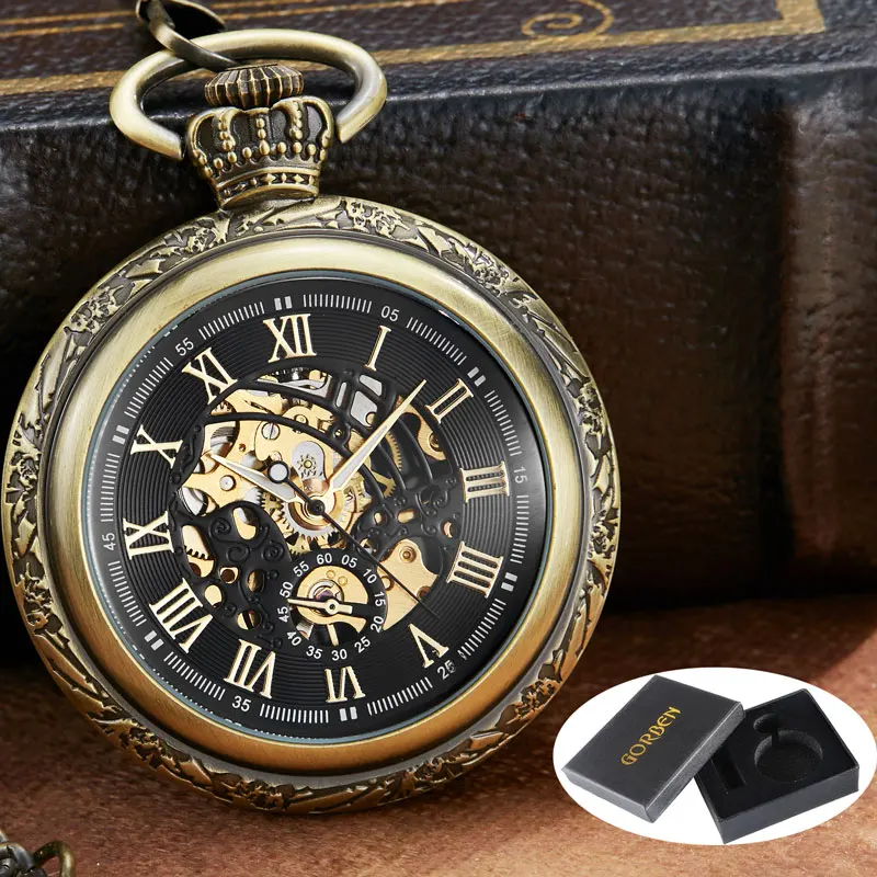 Vintage Mechanical Pocket Watch Hollow Phoenix Bird Roman Skeleton Clock Hand Winding Men Fob Chain Watches Double Case Clock