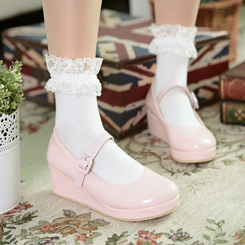 Anime Cosplay Sweet Lolita Shoes Round Head Muffin Heel Woman Shoes Bowknot Kawaii Loli Cos Wedge Female Pu Women\'s Footwear