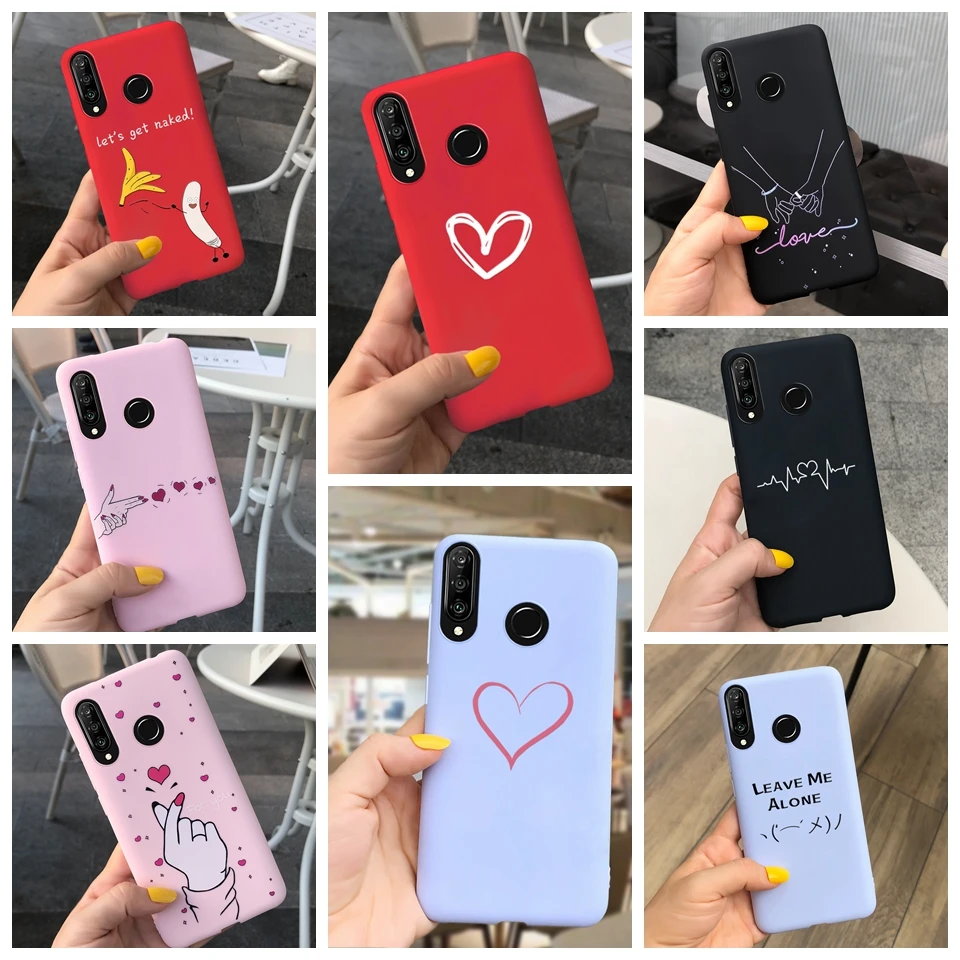 For Huawei P30 lite MAR-LX1M Case Couples Cartoon Lovely Heart Painted Silicone Cover For Huawei P30lite MAR-L01A Case Fundas