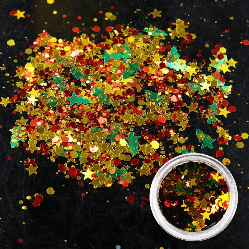 PrettyG 1g/Box Christmas Series Nail Snowflake Christmas Tree Star Chunck Sequin Mixing Glitter Power Nail Art Decoration CH