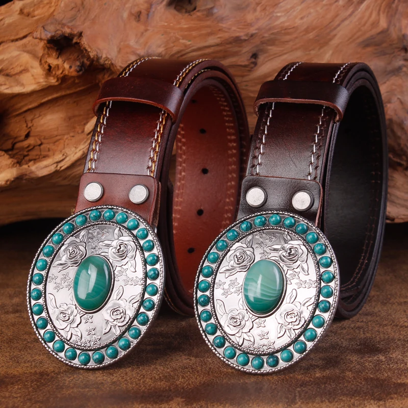 

2020 new designer leather belt Mongolian national style carved denim jeans belt belt jade agate buckle belt