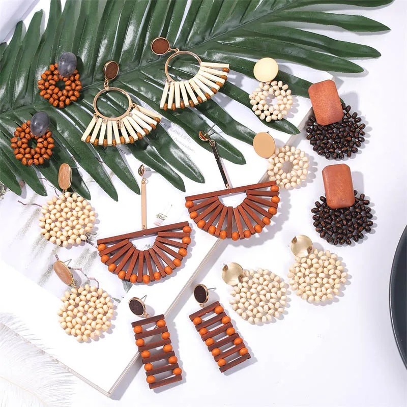 YAOLOGE 23 Style New Fashion Korean Wooden Handmade Geometric Wood Round Square Bamboo Rattan Knit Drop Earrings For Women 2022