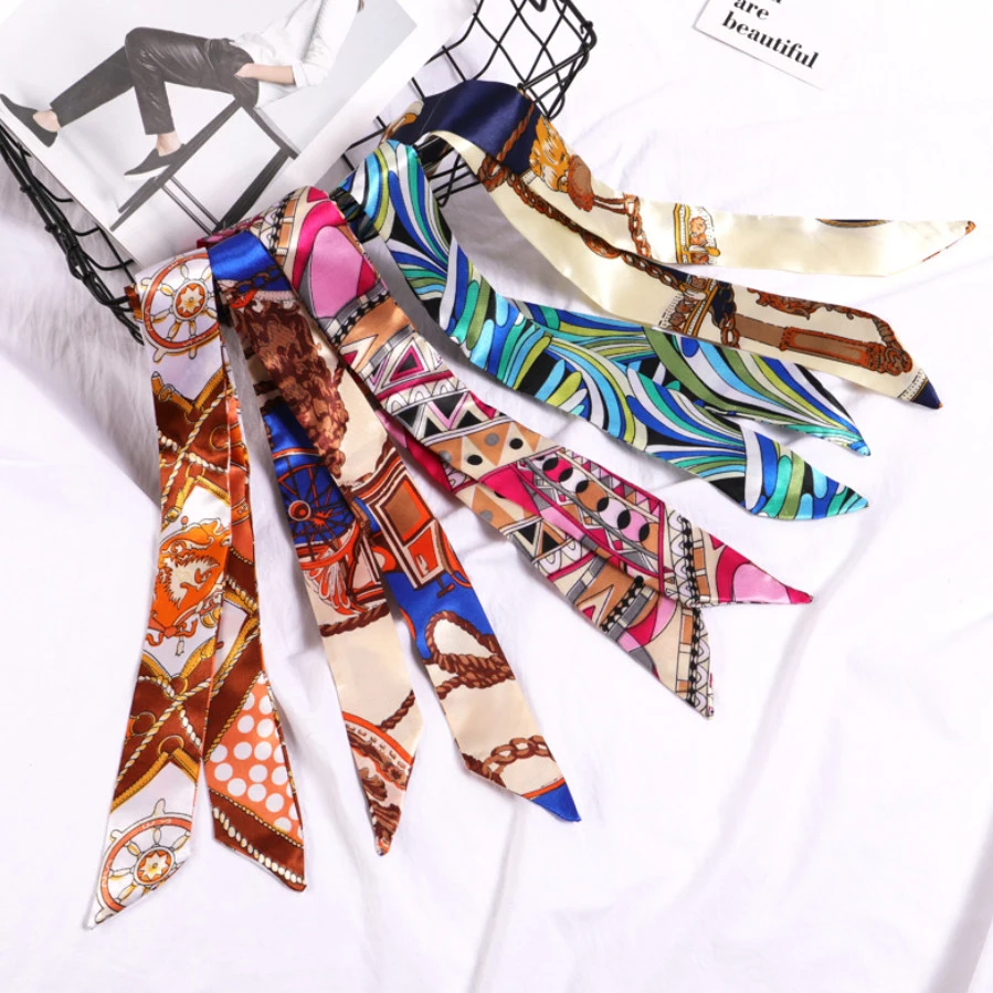 여성용 새로운 프린트 꽃 작은 스카프, 손잡이 가방 리본, 브랜드 패션 머리 스카프, 작고 긴 스키니 스카프, 도매 머리띠