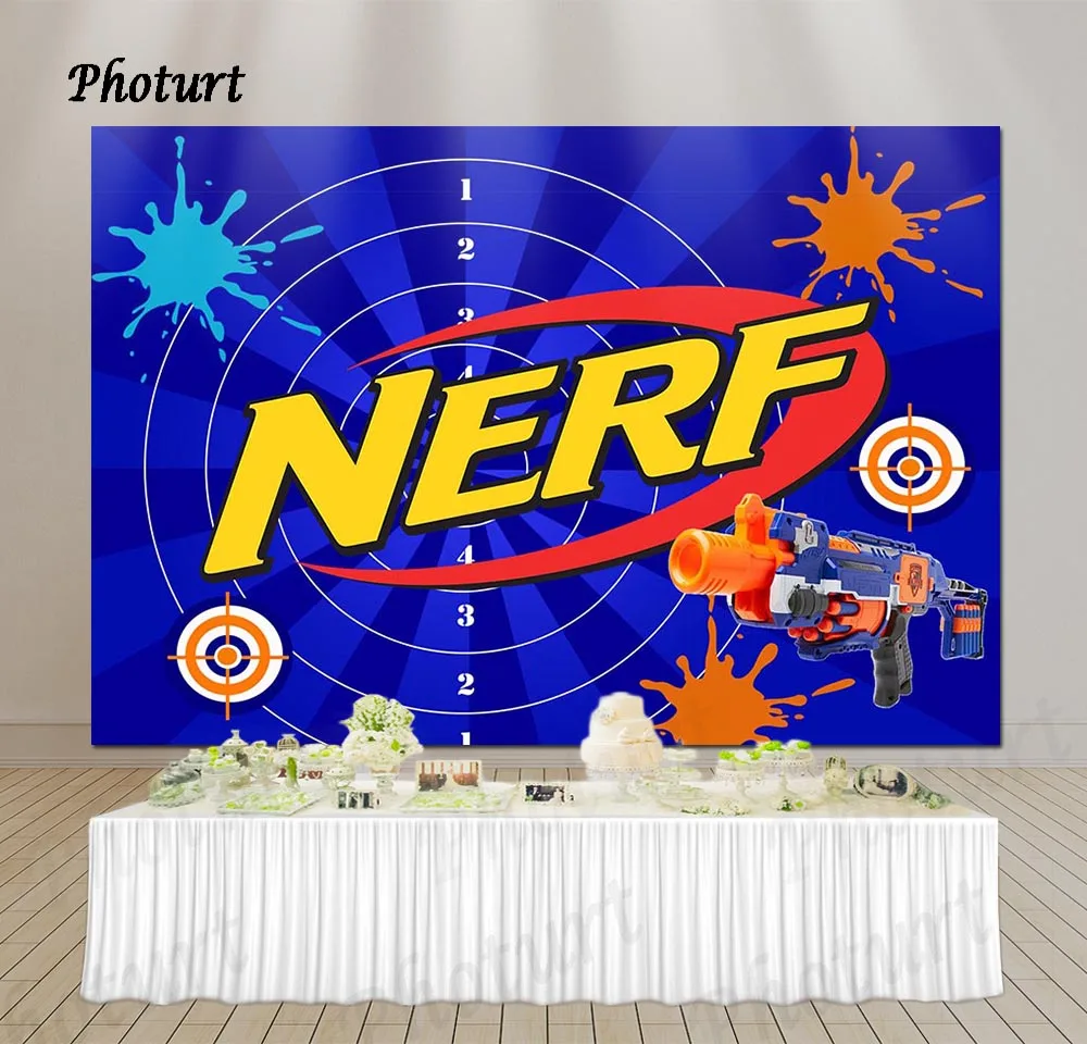 PHOTURT NERF Gun Photography Backdrop Kids Birthday Party Background Blue Toy Bullseye Polyester Vinyl Photo Studios Props