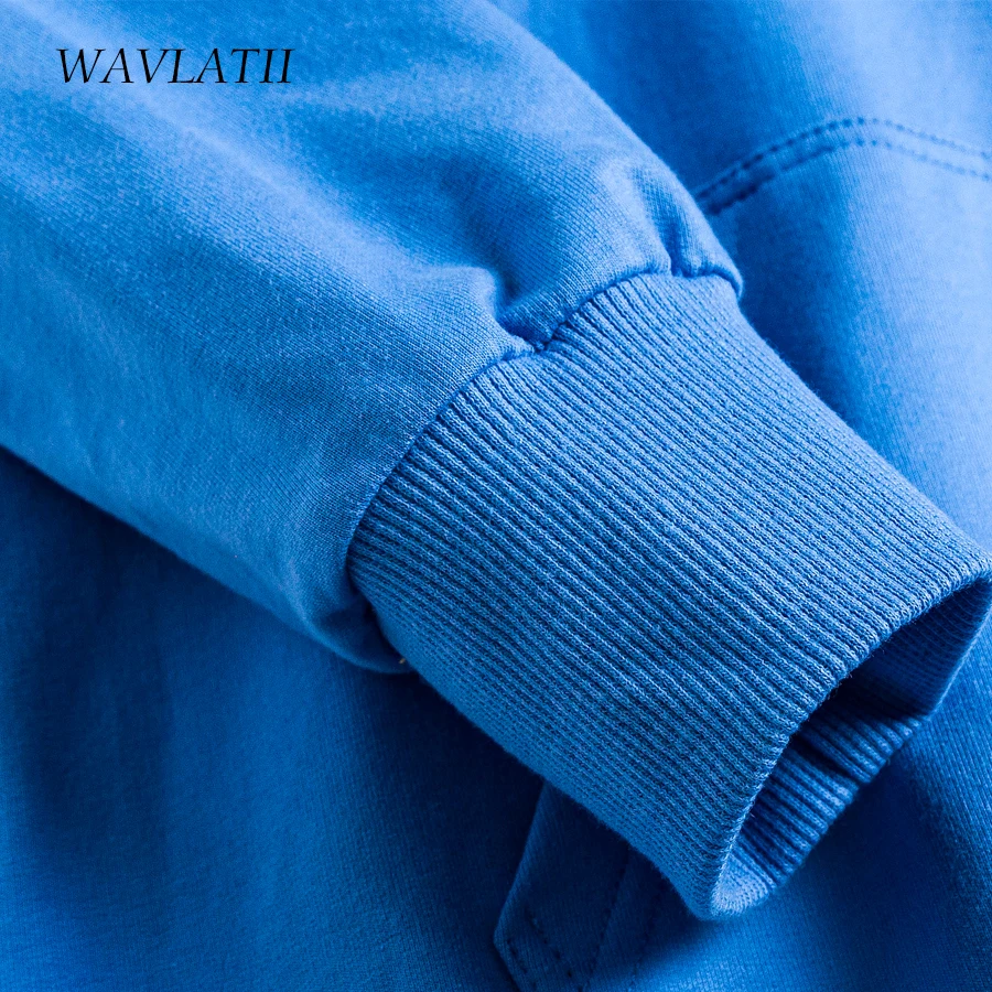 WAVLATII New Women Cotton Terry Hoodies Lady Casual Hooded Sweatshirts Female Blue Green Tops WH2101