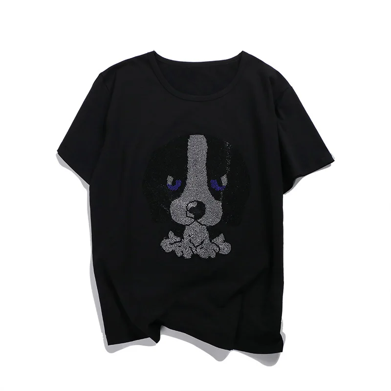 Summer 2022 new short-sleeved T-shirt female Korean style casual Diamonds Cartoon dog pattern hot drilling loose women tops