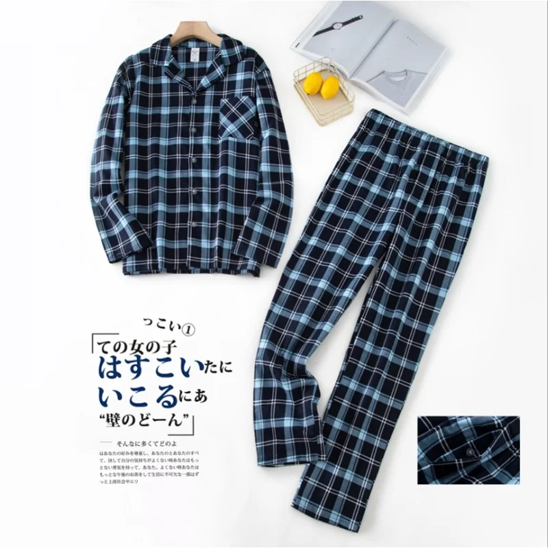 Conjunto de pijama xadrez casual masculino, terno de pijama 100% algodão, manga comprida, gola virada para baixo, camisa e calça, primavera, outono