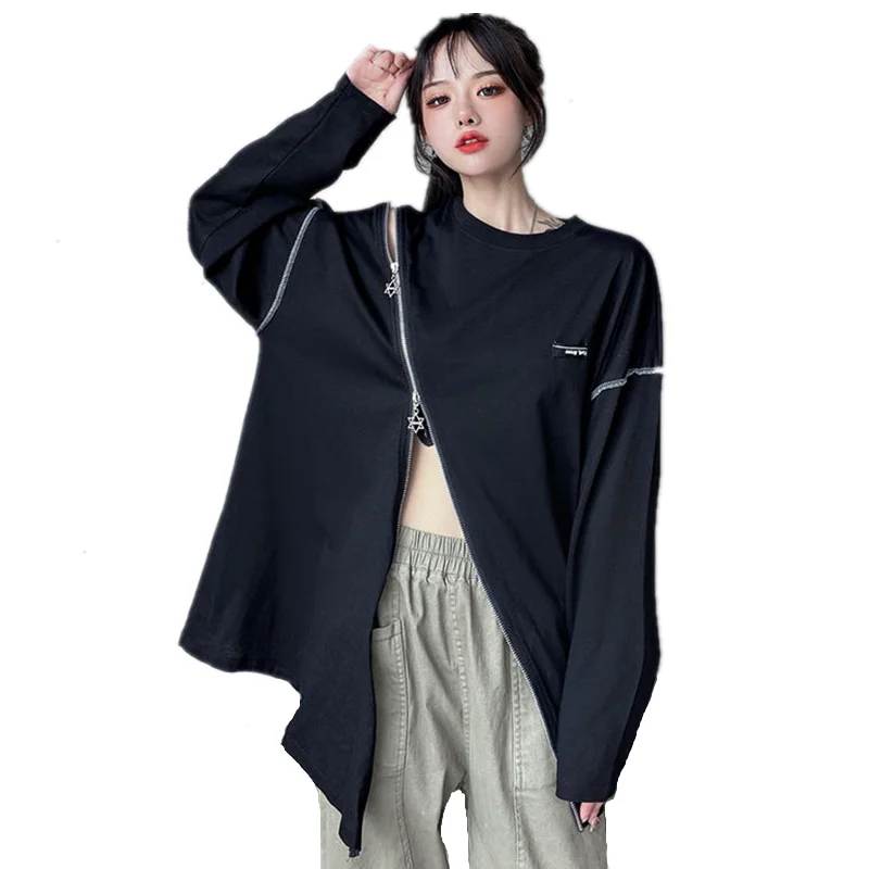 Spring Summer Streetwear Solid Long Sleeves T Shirt Women Double Oblique Zipper Hollow Shoulder Tshirts Casual Oversized Top Tee