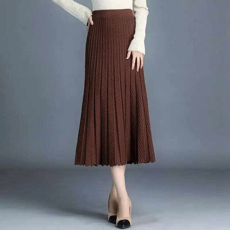 Thickened Knitting Skirt Autumn and Winter Women\'s Pleated Skirt Long A- line Skirt Woman Skirts Mujer Faldas Saias Mulher