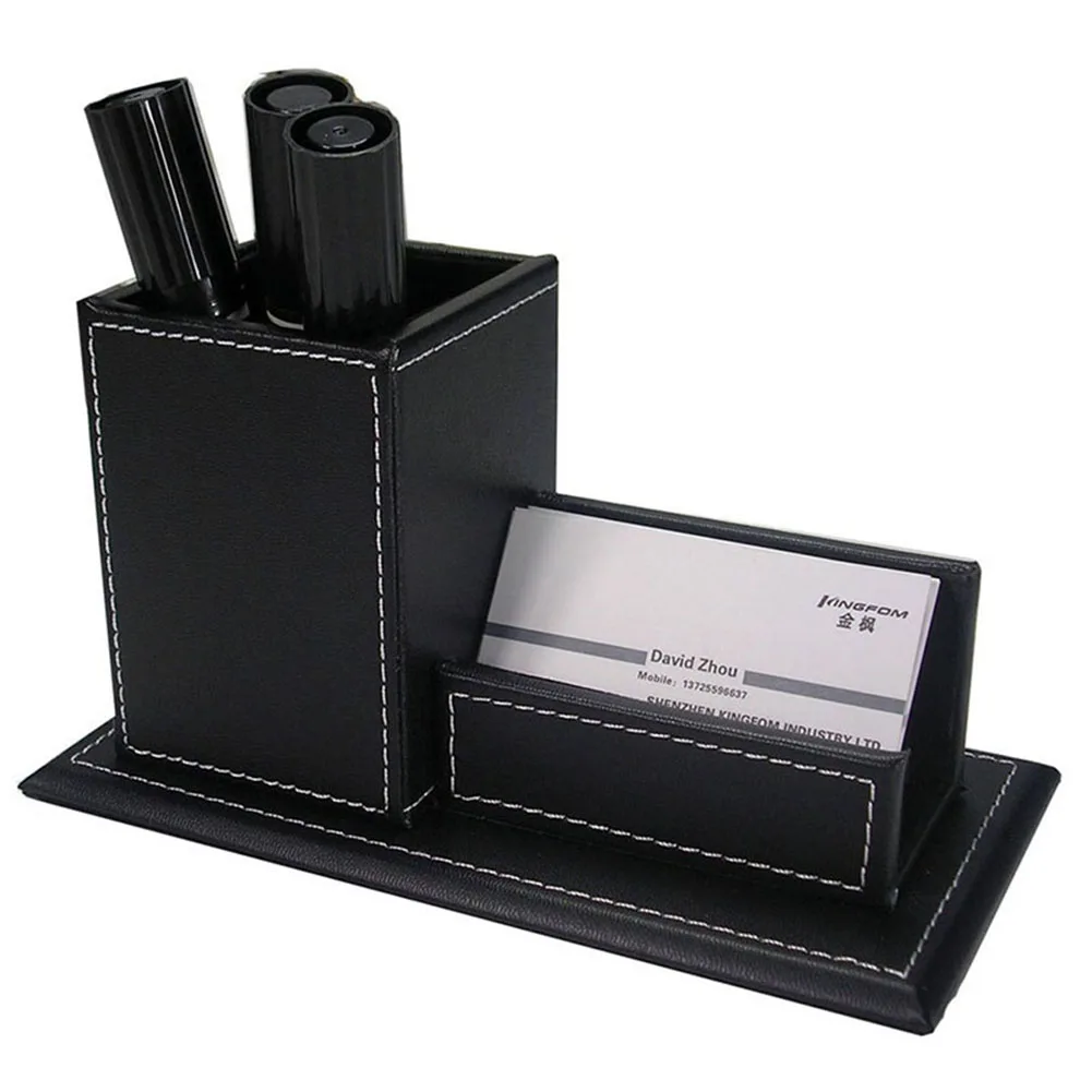 Office Supplies Desk Organizer PU Leather Pen Holder with Wireless Charging Dock Stand Square Pencil Box Name Card Holder