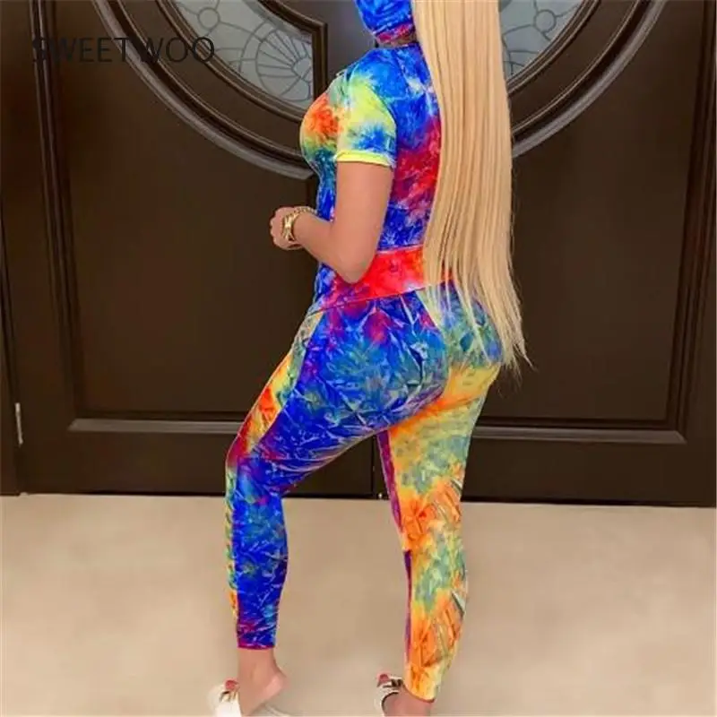 Ladies sports suit round neck tie-dye casual fashion home short-sleeved top sports two-piece suit
