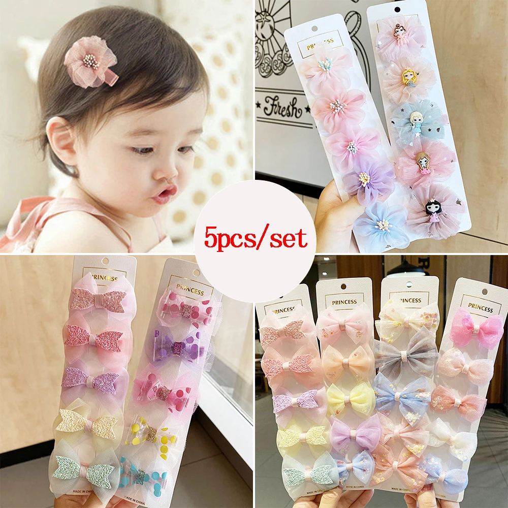 5Pcs Fashion Colorful Girls Hair Clip Cute Sweet Cloth Bow Hairpins Lace Hair Ornament Clips Headband Barrettes Hair Accessories