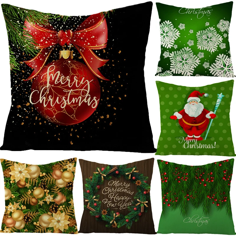 

Christmas Cartoon Printed Throw Pillow Covers Santa Cedar Wreath Pillowcase 18*18 Inch Home Decorations Green Cushion Cover