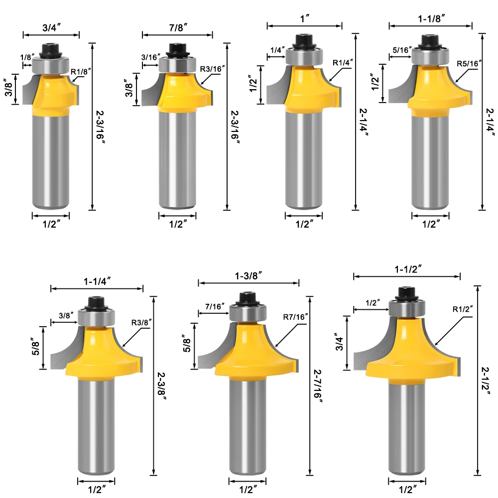 1pc 0.5in 12mm Shank Corner Round Over Router Bit with Bearing for Wood Woodworking Tool Tungsten Carbide Milling Cutter