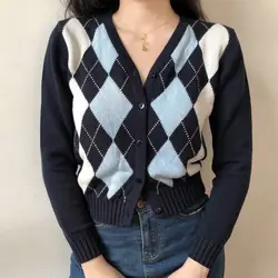 FIGOHR femminile Vintage Argyle maglia con scollo a v Cardigan a contrasto Top corto per le donne Cardigan romboidale sottile cappotto autunno inverno