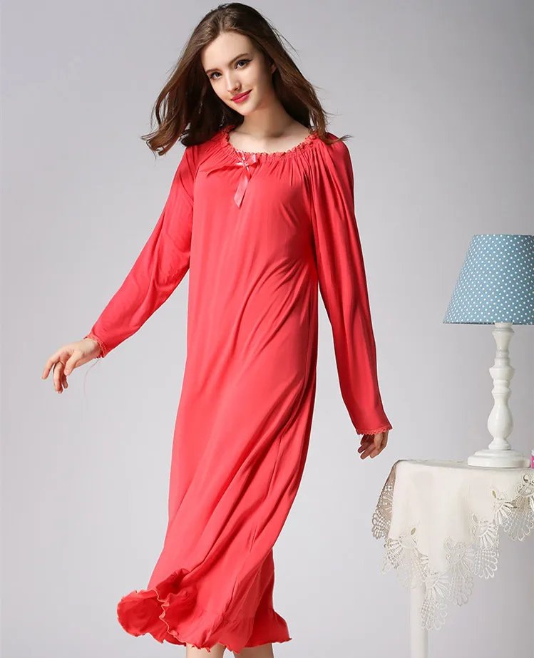 Spring And Autumn Women\'s Long Sleeve Round Neck Pullover Nightdress Cotton Loose Casual Long Princess Style Home Clothing