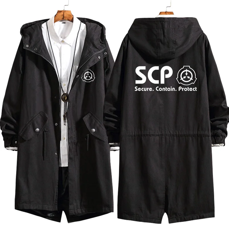 Men Long Coat Anime Game SCP Foundation Cosplay Loose Hoodie Coat Long Trench Jacket Sweatshirt Thicken Overcoat