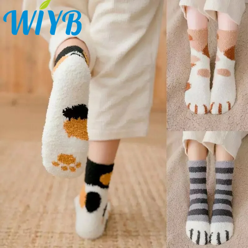 1 Pair New Arrivals Coral Fleece Socks Female Kawaii Tube socks Autumn Winter Cat Claws Cute Thick Warm Sleeping Floor Socks