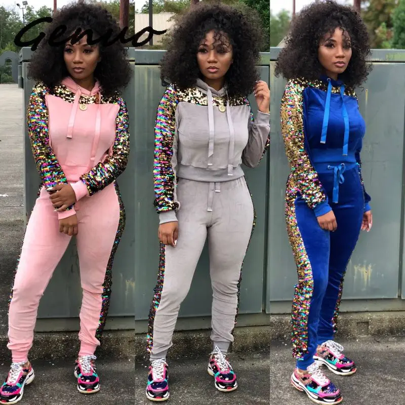 

Sequin Velvet Patchwork Jogger Suit Women Tracksuit Women Hoodies Long Sleeve And Long Pants 2 Piece Set Thick Warm Outfit 2020