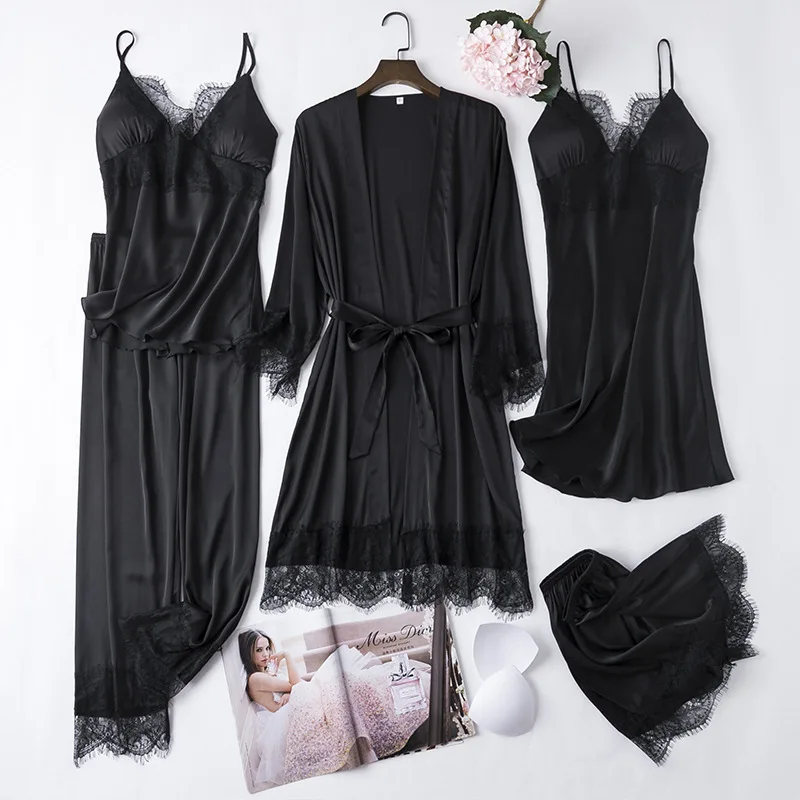 Black 5PCS Lace Satin Robe Gown Sets Sexy Womens Nighty Bathrobe Nightgown Sleep Suit Spring Sleepwear Home Kimono Pajamas