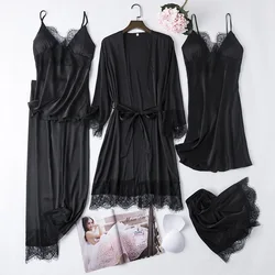 Ensemble de Robe de nuit en Satin et dentelle pour femmes, 5 pièces, Sexy, nuisette, costume de nuit, printemps, vêtements de nuit, maison, Kimono, pyjamas