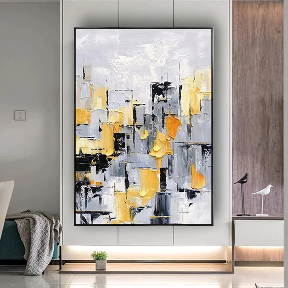 Abstract City Landscape Poster Big Drawing Hand-Painted Modern Yellow Oil Painting On Canvas Picture For Living Room Home Decor