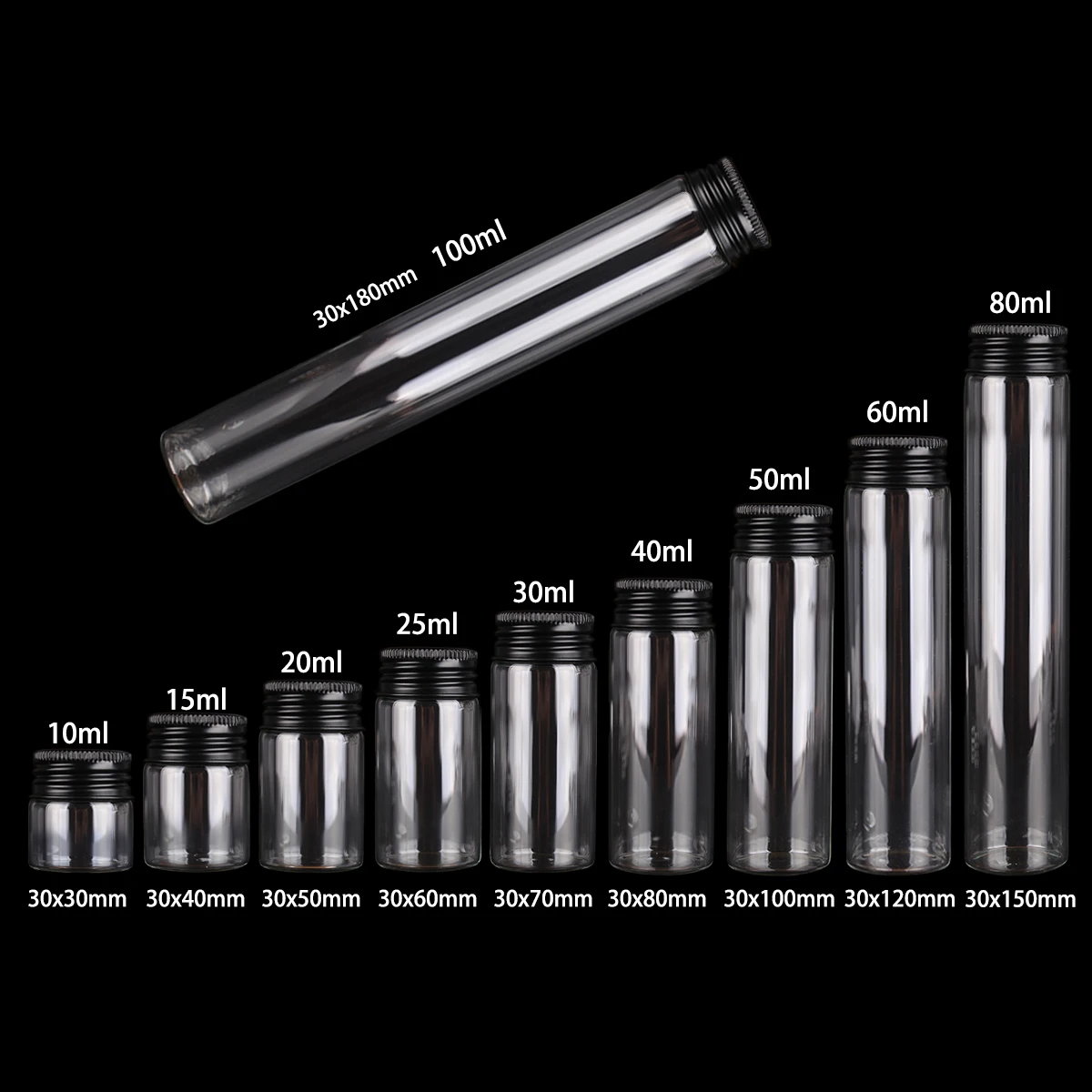 12 pieces/lot 10ml 15ml 20ml 25ml 30ml 40ml 50ml 60ml 80ml 100ml Glass Bottles With Black Aluminum Caps Potion Spice Jars Vails