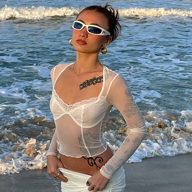 Fashion Y2K Lace Trim Mesh Crop Tops 90s Aesthetics Patchwork Square Neck Long Sleeve White Sexy Tees Summer T-shirts