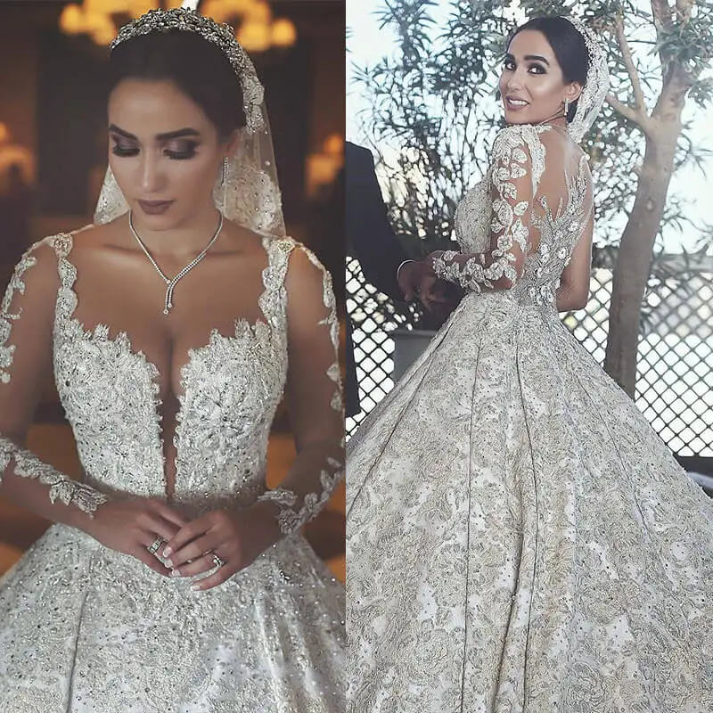 

Luxury Beaded Muslim Wedding Dress Sexy Illusion Back Long Sleeve Ball Gown Bride Dress Scoop Neck Vestido De Novia