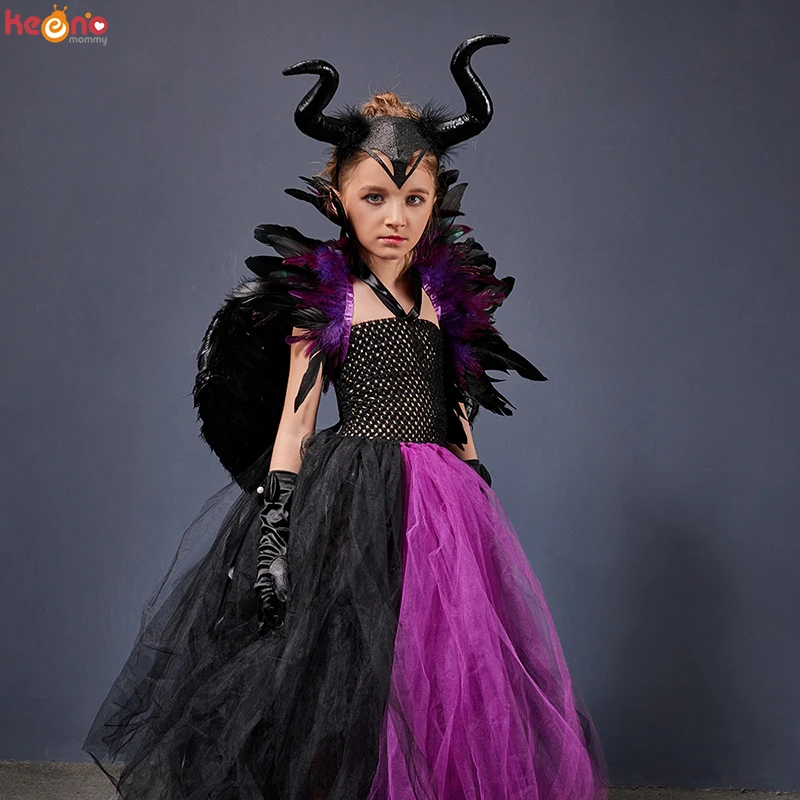 Purple Gothic Halloween Gown Tutu Dress with Feather Shawl Victorian Showgirl Carnival Party Dresses Kids Evil Queen Costume