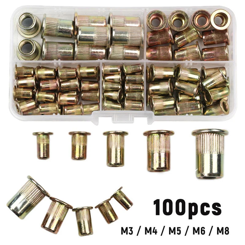 

210/165/100pcs Boxed M3-M12 Flat Metric Threaded Rivet Nuts Carbon Steel Flange Rivnut Insert Nutsert Nuts Fastener