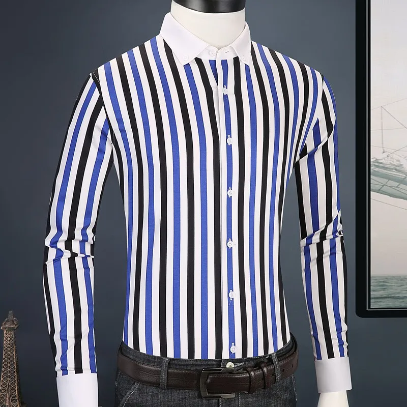 Camisa de vestir a rayas para hombre, camisa de manga larga con botones, informal, ajustada, de negocios, Formal, Social, Primavera, cuello contraste