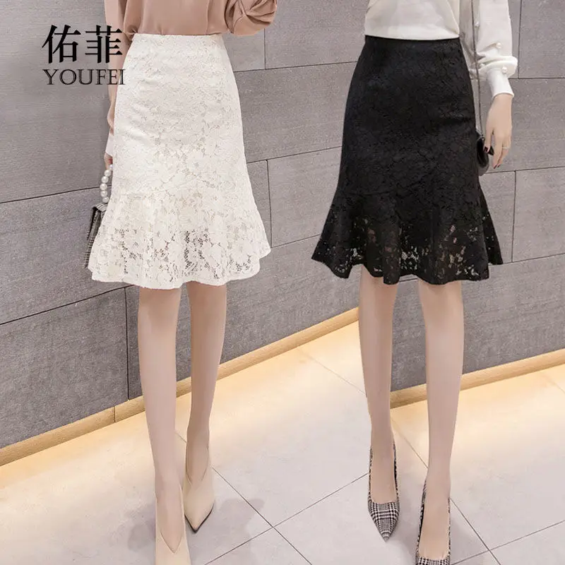 Fishtail Skirt Lace Dress Women's High Waist Ruffle Dress Woman Skirts Mujer Faldas Saias Mulher