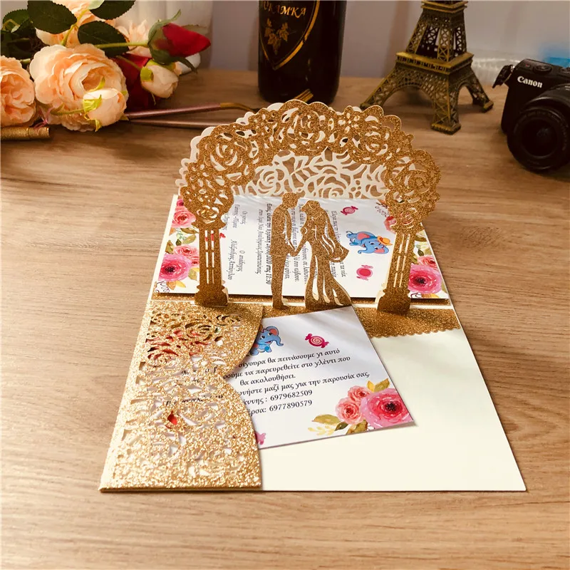 

50x 3D Pop up wedding invitations laser cut wedding cards holder with envelope Rsvp custom marriage Silver Rose Gold Champange