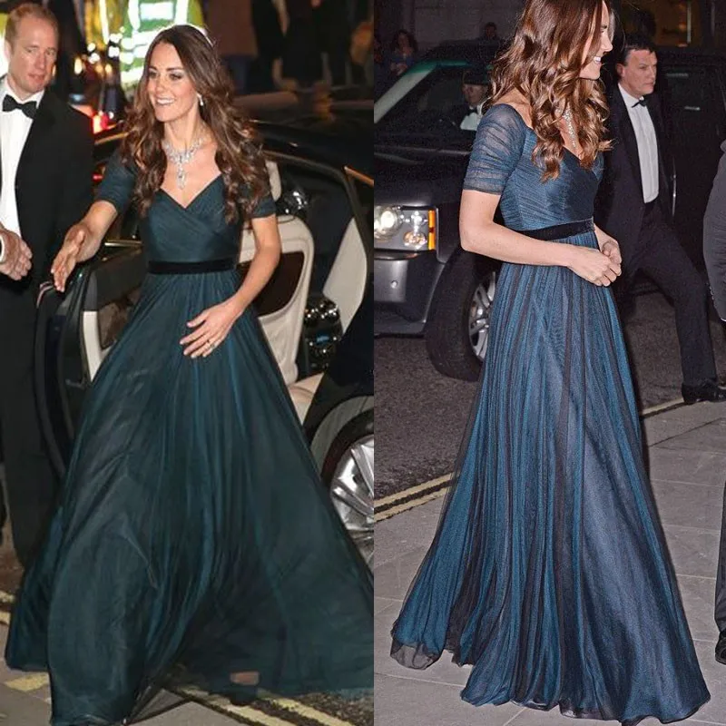 Kate Middleton Celebrity Dresses Navy Blue A line Chiffon Formal Dress With Short Sleeves Elegant Floor Length вечерние платья