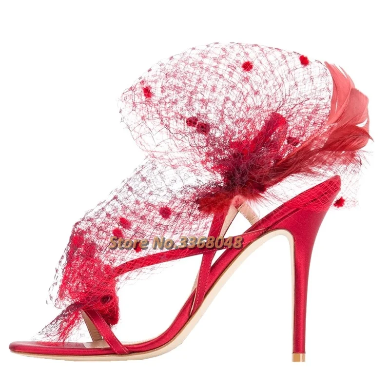 

Air Mesh Thin Heel Sandals Open Toe Lace Decor Feather Red Black Stiletto High Heel Slingback Stylish Women Dress Wedding Shoes