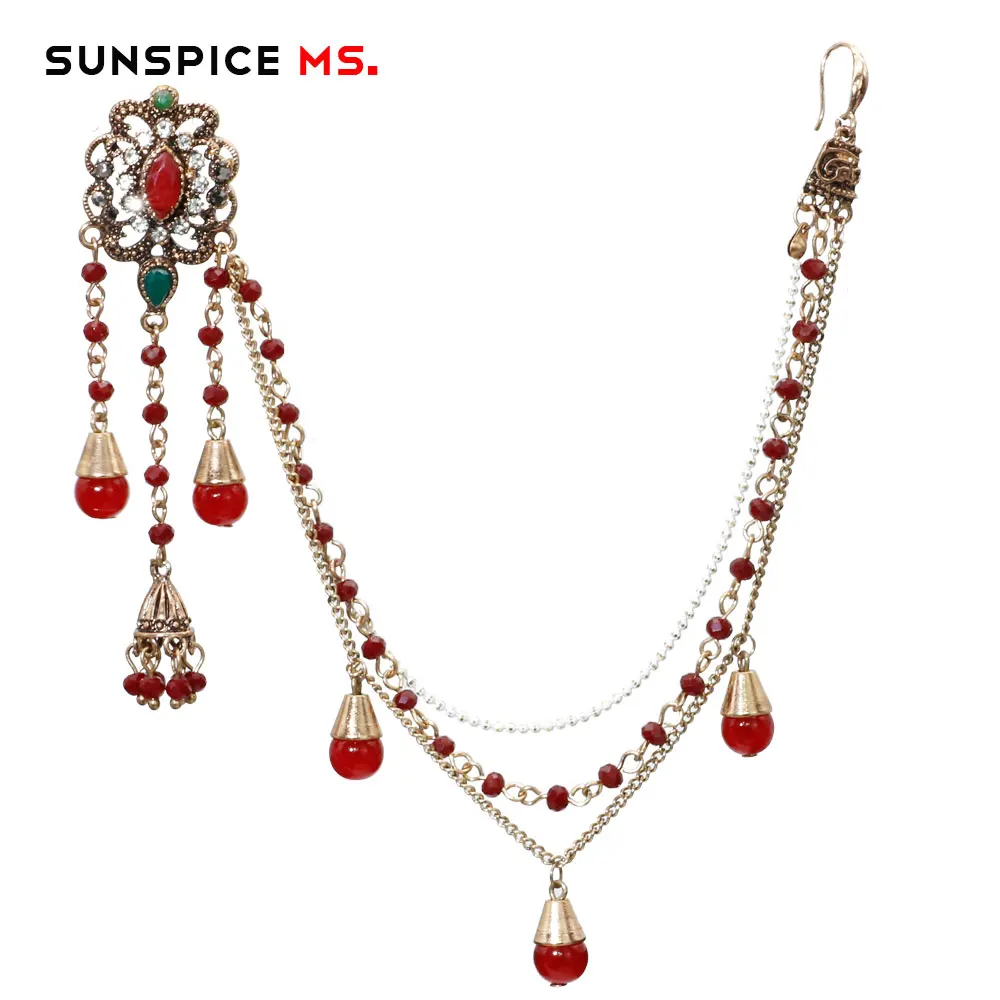 Sunspicems Indian Wedding Jewelry Tassel Earring Link Headdress for Women Antique Gold Color Natural Stone Beads Chain Algerian