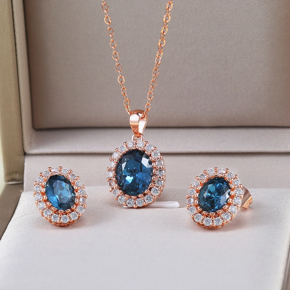 5 Colors Bridal Wedding Set For Women Green Crystal Necklace & Earrings Rose Gold Color Cubic Zirconia Fashion Jewelry S106