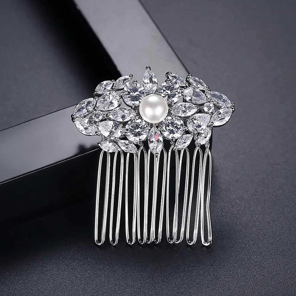 LUOTEEMI New Design Flower Hair Comb for Women Wedding Trendy Fashion Cubic Zircon Rhinestone Bride Engagement Jewelry Christmas