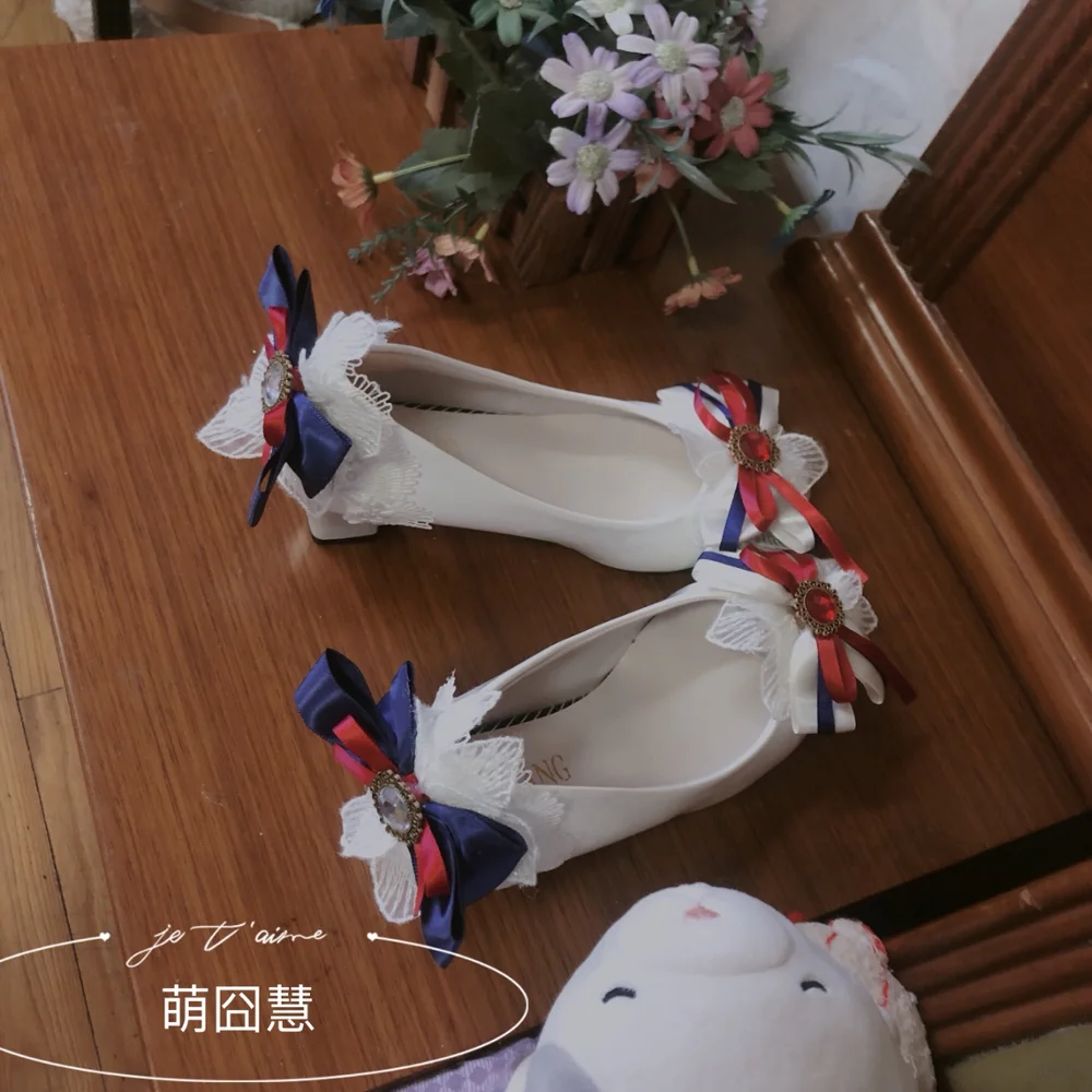 Lolita shoes sweet princess daily japanese high heel vintage lace bowknot bandage kawaii shoes cosplay loli women shoes