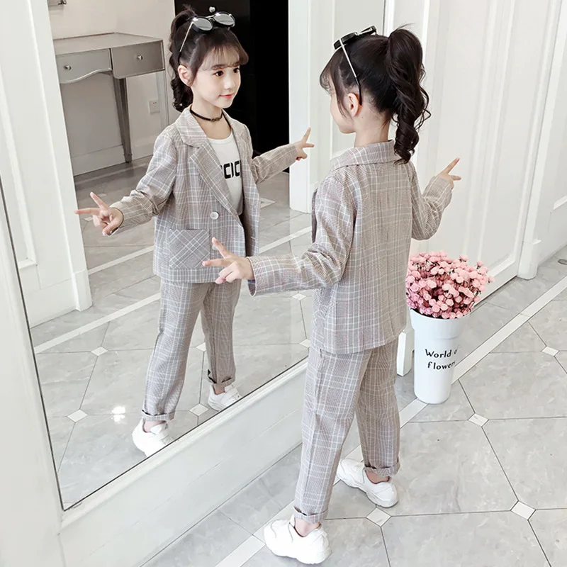 Blazers Suit for Girls Autumn Plaid Jackets Pants Pleated Skirt Two Pieces School Uniform Children Clothes Formal Wear 10 12 Y