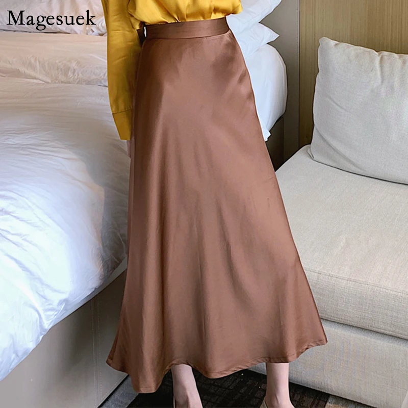 

2021 Autumn High Waist Women Skirt Satin Office Lady Mid-length Skirts Womens Korean Fashion Slim Long Skirts Faldas Mujer 9940