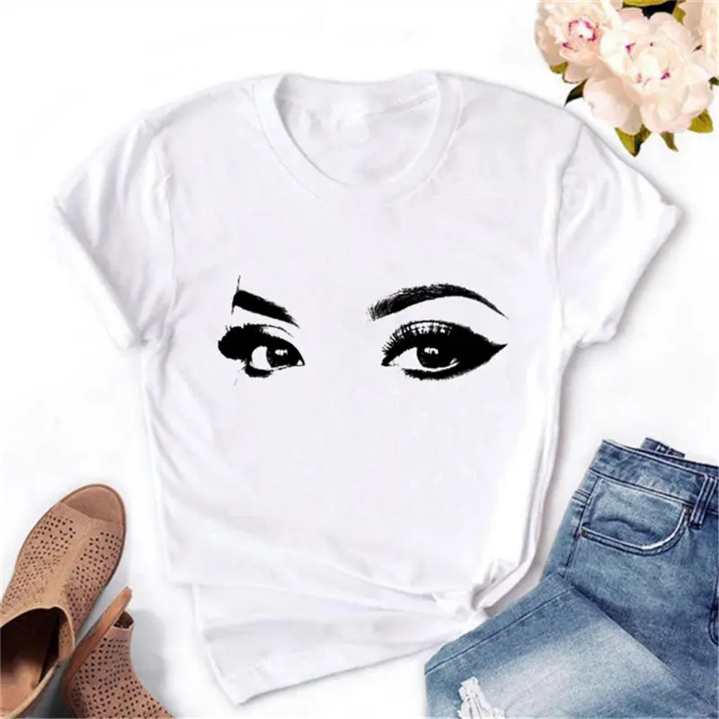 Summer 90s Tshirt New Kawaii Short Sleeve T-shirt Graphic T Shirt Women Eye Lashes Red Lips HEART Print Top Female Tees