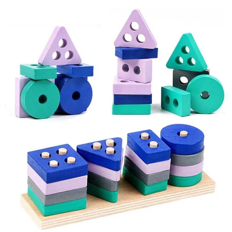 Baby Montessori Wooden Toys Geometric Shape Matching Building Blocks Cognitive Puzzle Board Game Educational Toys for Kids