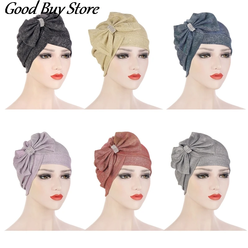 Fashion Muslim Headscarf Women Hair Wrap Stretch Bandana Bowknot Head Cover Female Indian Style Hat Turban Beanies Chemo Caps