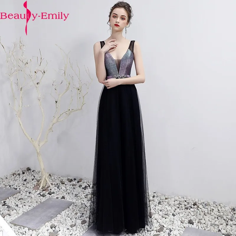 

Beauty Emily Charming V Neck Sleeveless A Line Evening Dress 2020 New Arrival Tulle Tank Sleeve Zipper Back Formal Dress