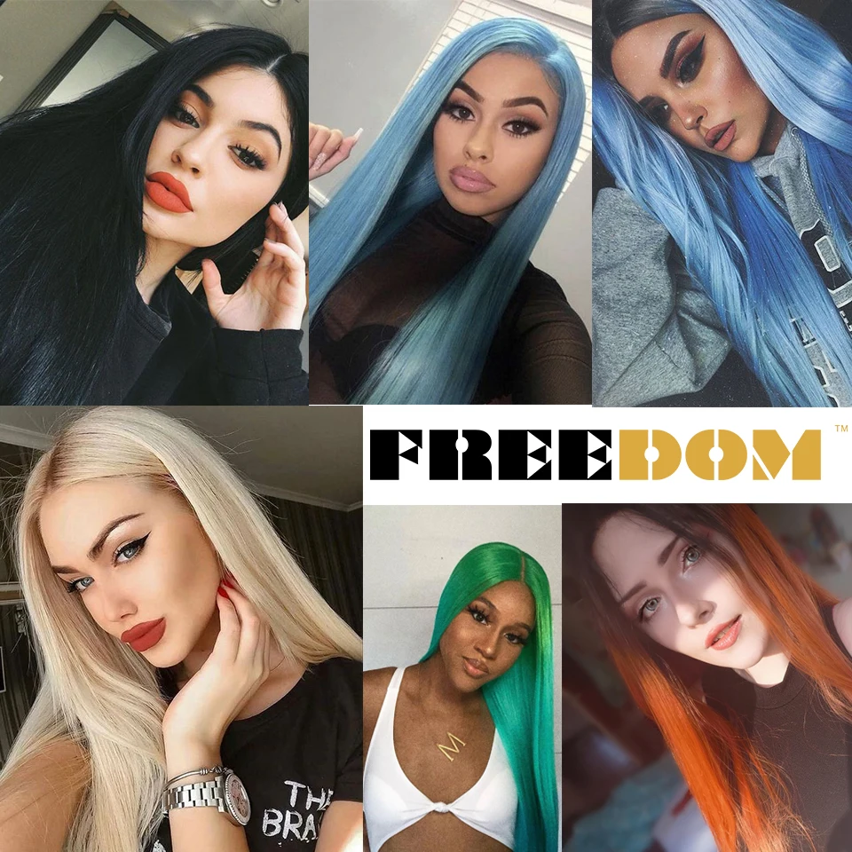 FREEDOM Synthetic Lace Wig 30 Inch Long Straight Wigs Soft Rainbow Colorful Blue Blonde Ginger Wigs For Black Women Cosplay Wig