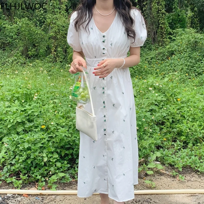 Chic Korea Fashion Clothes Feminine Vestidos Single Breasted Hot White Embroidery Flower Long Maxi Shirt Dress